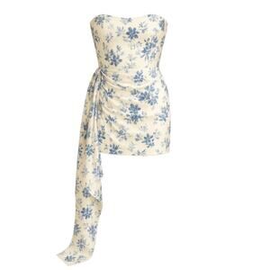 Floral Satin Strapless Mini Dress with Side Drape